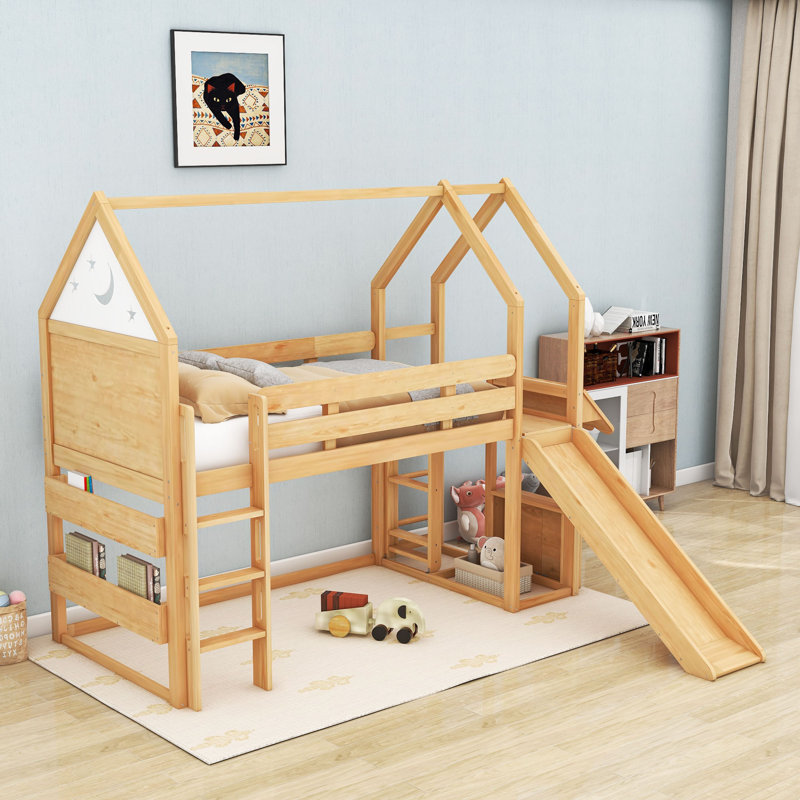Lit mezzanine simple en bois avec glissoire et rangement, Naturel