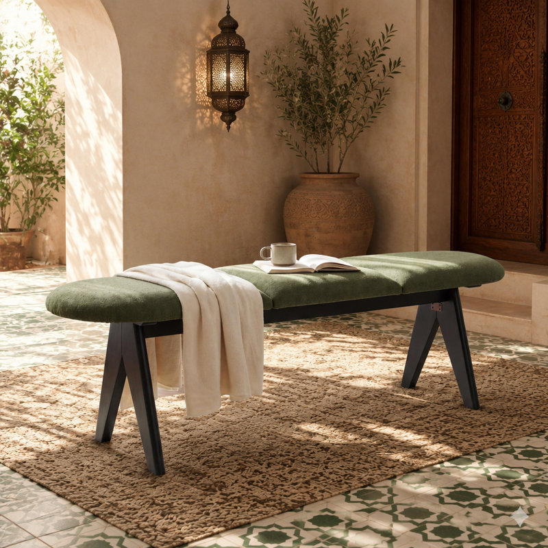Banc rembourré avec pieds en bois noir, siège en tissu vert, fabrication en bois massif et manufacturé, capacité de 250 lb, banc d'entrée 53 po pour le salon et la chambre à coucher