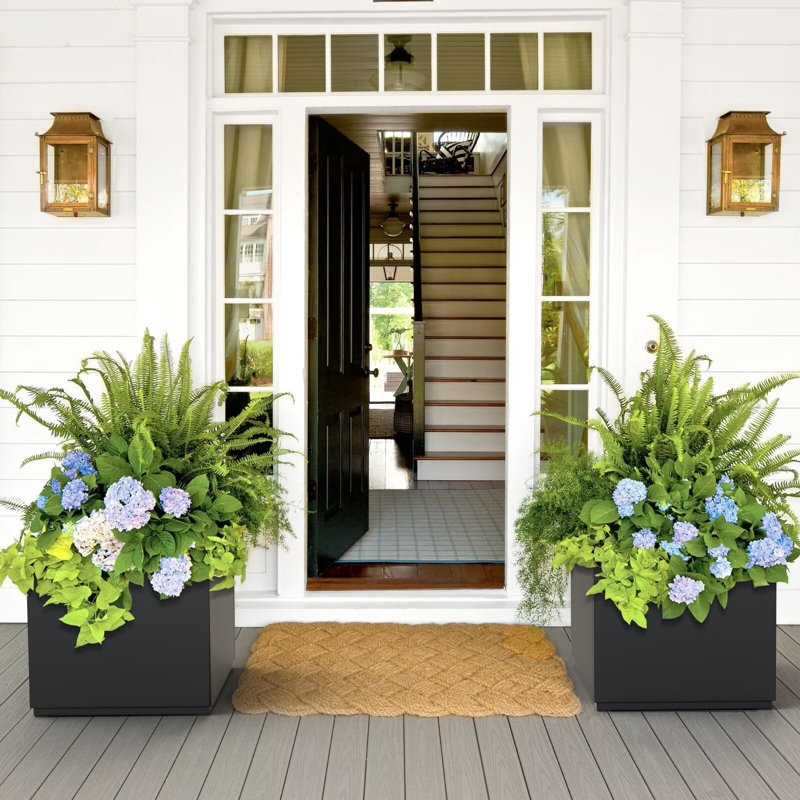 Boîte à fleurs en métal - Grande boîte à fleurs avec trous de drainage pour l'extérieur, H 18 po x l 17 po x P 17 po, Noir