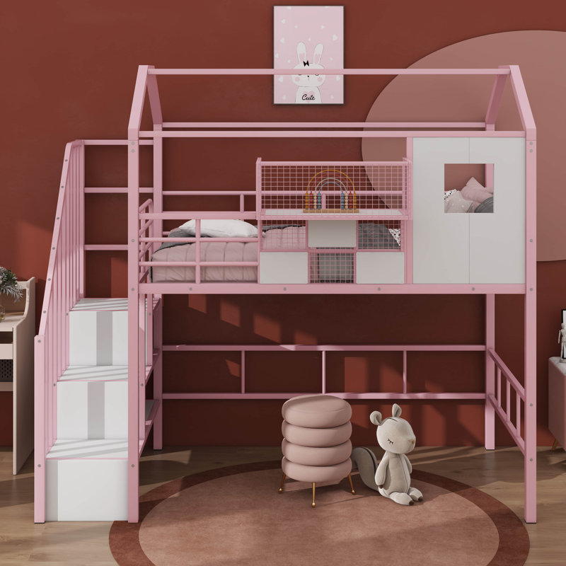 Lit mezzanine en métal avec toit et boîte de rangement, Pink