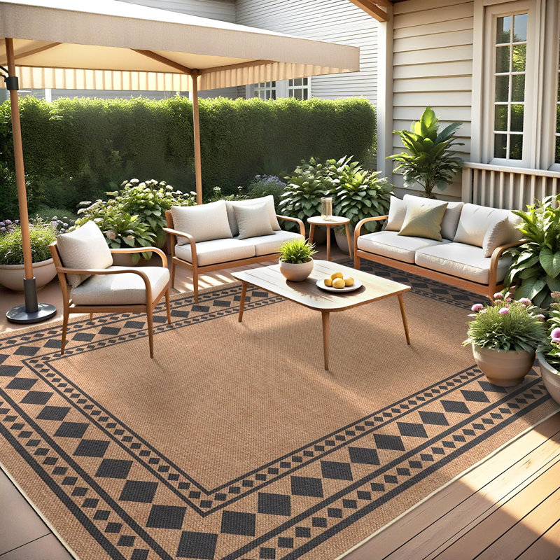 Tapis géométriques lavables pour patio de salle à manger, Brown, Rectangle 10' x 13'