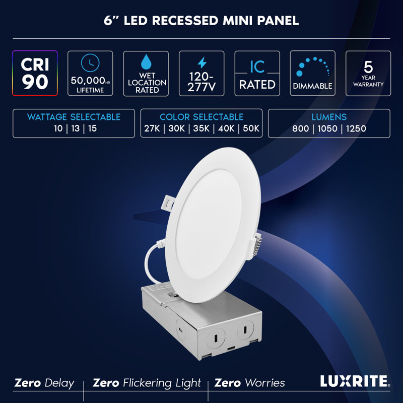 Ensemble de 6 ampoules DEL Luxrit encastrées 6 lumières à DEL à 2 lumières à intensité variable 800/1050/1250 lumens CRI 90 10W / 13W / 15W