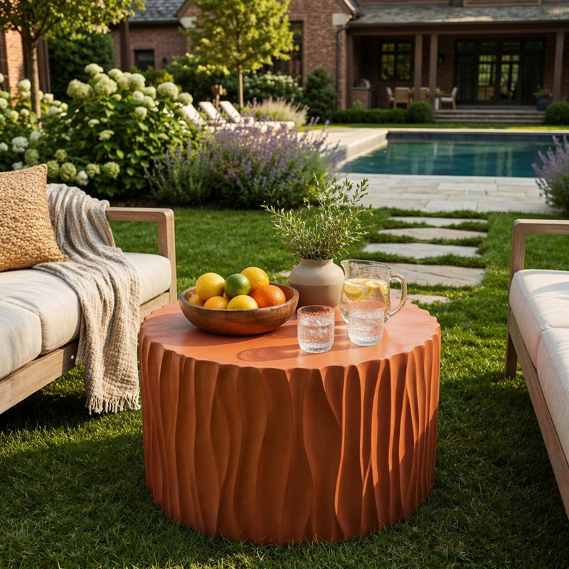 Table basse ronde MGO, table d'appoint cylindrique texturée ondulée, pré-assemblée sans KD, capacité de poids de 66 lb, table d'appoint multi-usage intérieure et extérieure pour le jardin du salon