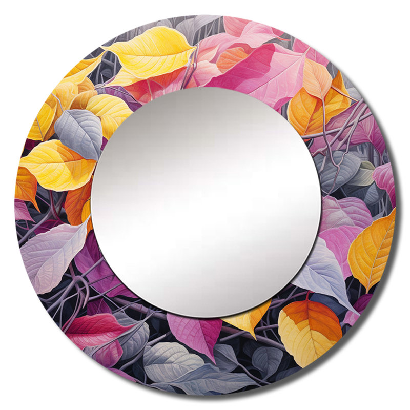 Feuilles roses et jaunes en hiver - grand miroir mural à feuilles, miroir rond rose unique, reproduction d'art en métal