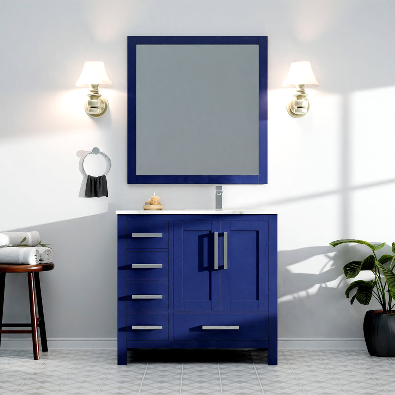Meuble-lavabo de salle de bain 36 po X P 22 po D, dessus en marbre de Carrare décalé à droite, ensemble de robinet et Miroirs