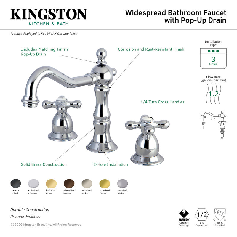 Polished Brass 8-Inch Widespread Bathroom Faucet with Cross Handles
