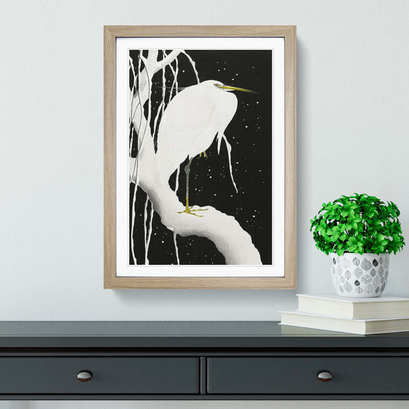 White Heron in the Snow by Ohara Koson - Framed Print, 36cm H x 27cm W x 2cm D, Oak Framed