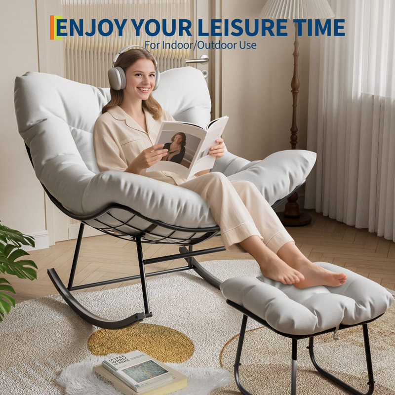 Oversized Papasan Egg Rocking Patio Chair Set with Ottoman - Thick Cushion, 400lb Capacity, Sturdy Metal Frame, Comfortable Indoor/Outdoor Lounge for Balcony, Bedroom, Living Room (White)