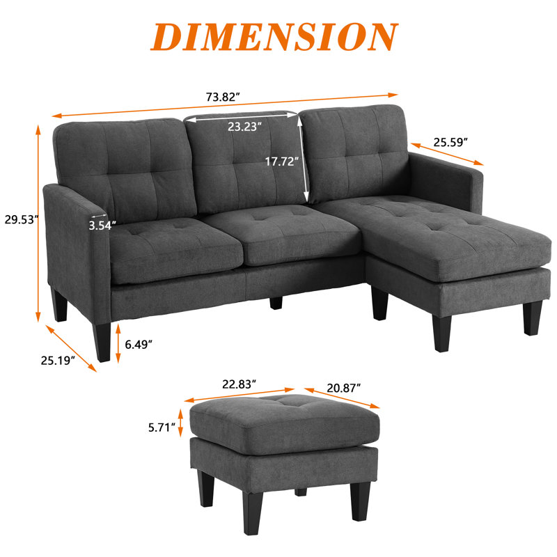 Canapé et chaise longue réversible avec repose-pieds Videlle, Velours gris
