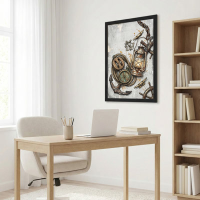 Art mural sur toile noir encadré pour le salon, la chambre à coucher, le bureau ou le vestibule - décoration murale décorative avec rétro nautique