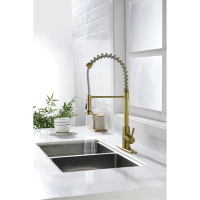 Pull Out Spray Kitchen Faucet In Gold Stainless Steel, 360 Rotating Nozzle For User- Water Control, Single Handle To Regulate Temperature And Flow Rate, Corrosion Rust Exterior, Quiet Splash- Aerator