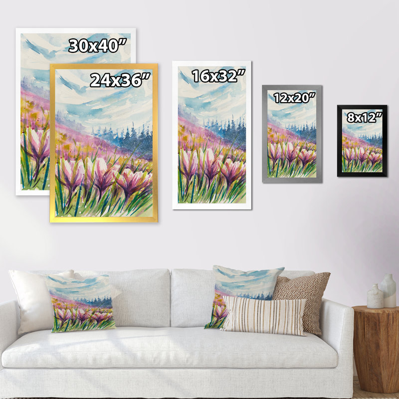 «Crocuses Meadow In Abstract Mountains», art mural traditionnel sur toile, Toile avec cadre photo doré