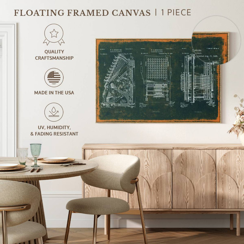 Machine à calculer brevet bleu sarcelle, Cadre flottant en bois naturel, 40 po x 27 po