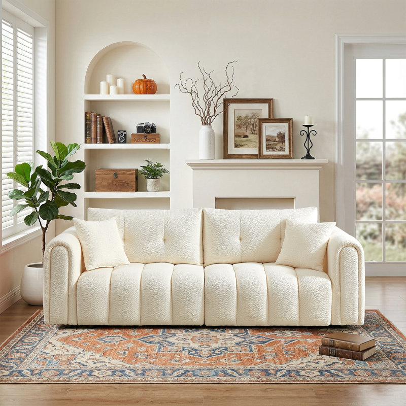 Modern Style 91.5" Tufted Chenille Upholstered Sofa with Round Arms,Oversized Comfort for Living Room, Beige