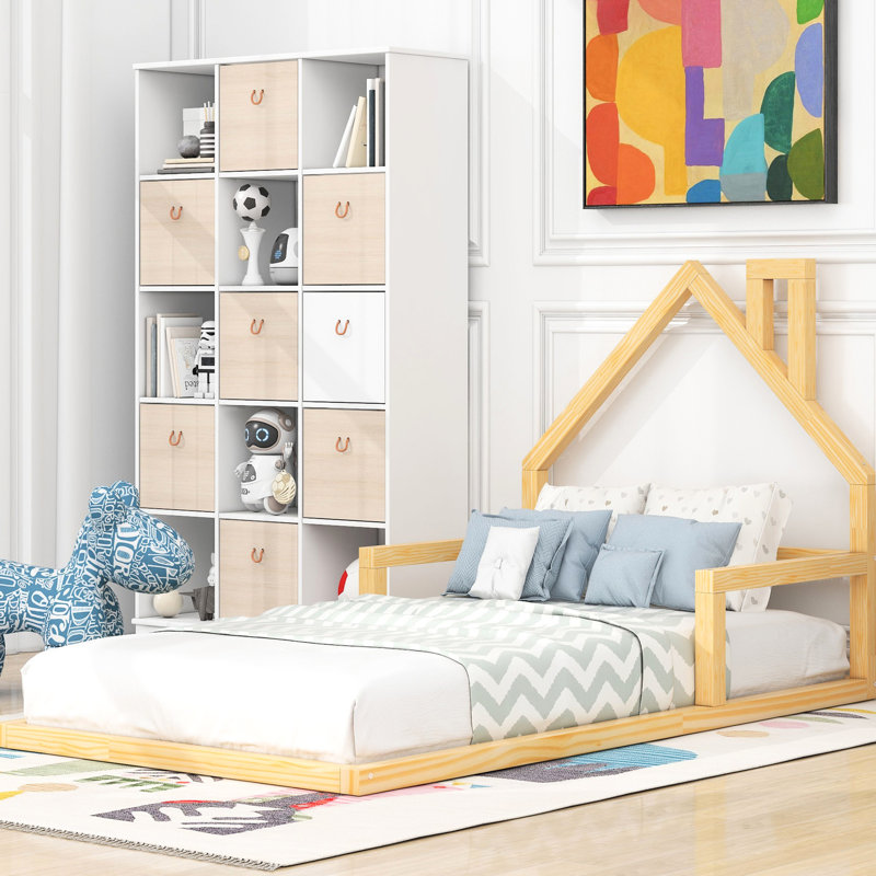 Twin Wood Bed With Enchanting House-Shaped Headboard - Structure Size House Solid Construction For Stability, Natural, Twin