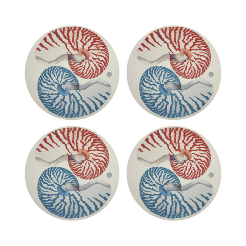 Nautilus Vegan Leather Round Coasters, Coral Turquoise