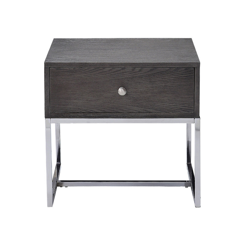 Rectangular End Table with 1 Drawer, Gray Oak and Chrome