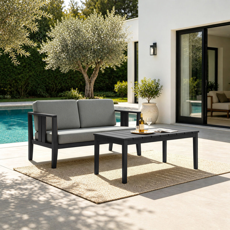 Ensemble de patio d'extérieur pour deux personnes en teck avec coussins et table basse Junco, Gris, Noir