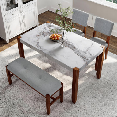 Ensemble de salle à manger 4 pièces, 1 table en marbre avec 2 chaises rembourrées et 1 banc avec pieds en bois d'hévéa massif, siège rembourré, dossier incurvé, peu encombrant, salle à manger, gris