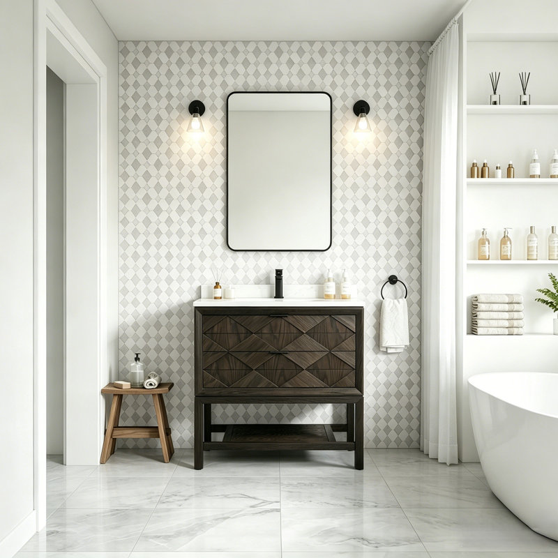 Ensemble de meuble-lavabo sur pied en bois massif brun foncé 36 po avec plateau en marbre d'ingénierie, Dark Brown Oak