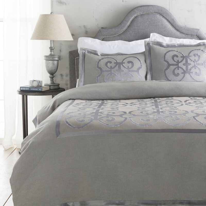 Gray Twin Linen Duvet Cover with Abstract Pattern