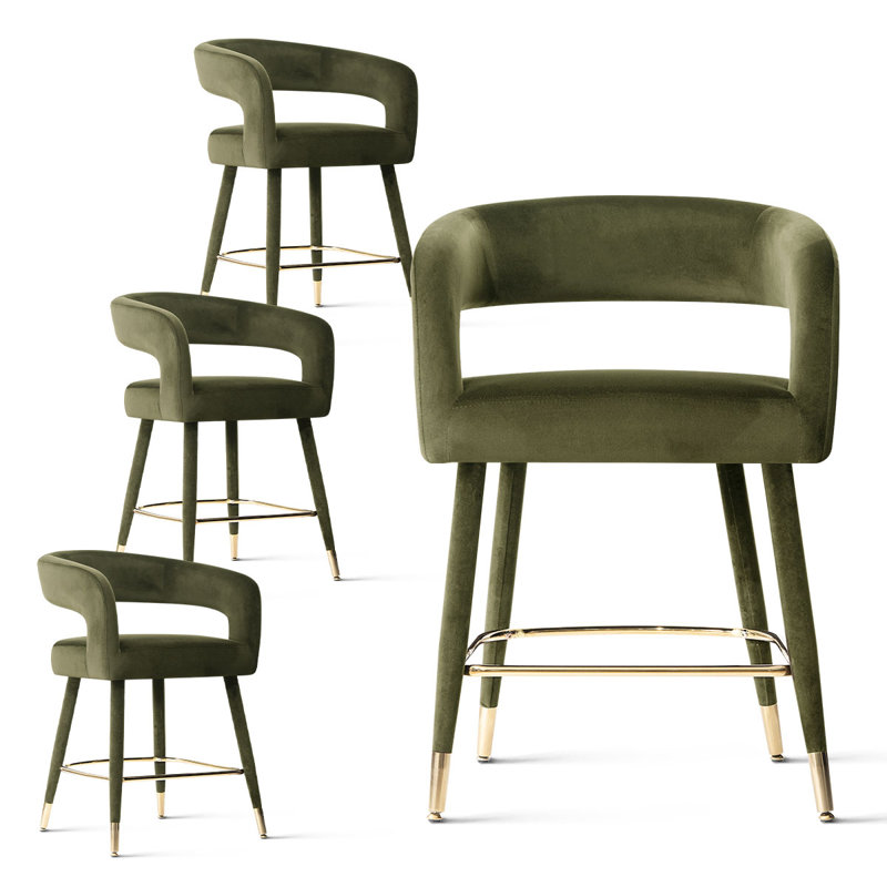 Velvet Upholstered Counter Height Bar Stools With Gold Footrest, 24" Kitchen Island Counter Stool, Green