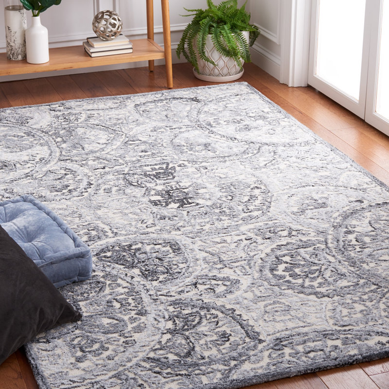 Bathilde Hand Tufted Wool/Cotton with Cotton Backing Metro Geometric Rug in Ivory/Gray, Rectangle 4' x 6'