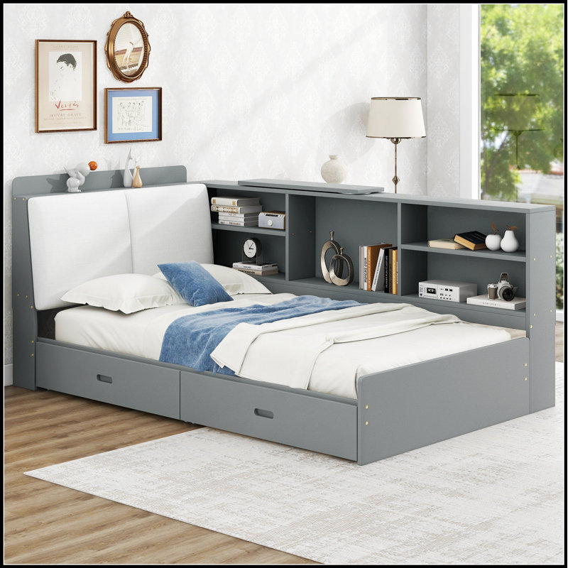 Wood Platform Bed with Storage Headboard, Shelves, and 2 Drawers for Enhanced Organization, Antique Grey