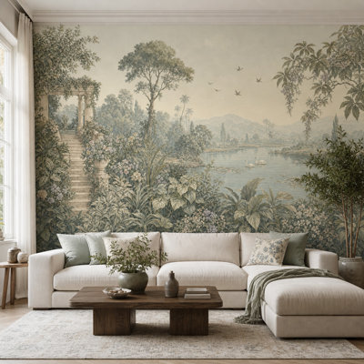 Papier peint pastorale paysage classique jardin terrasse lac avec cygnes décoration murale amovible