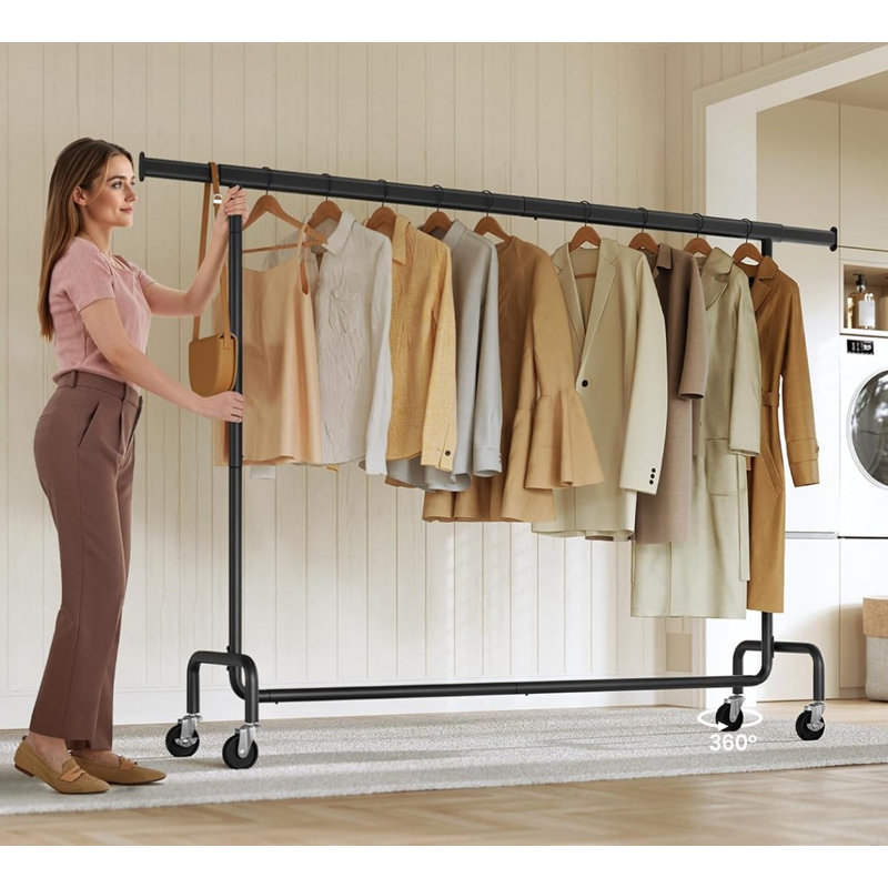 Clothes Rack On Wheels, Heavy-Duty Clothes Rail, Matte Black