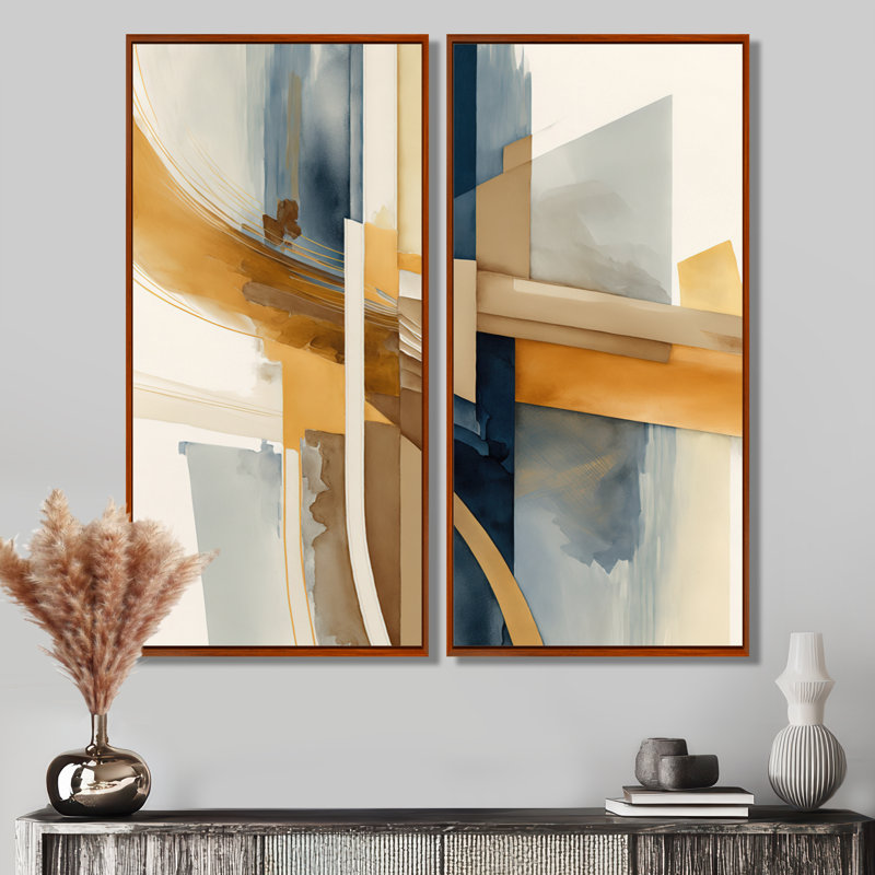 «Modern Modern Blue and Gold Abstract - Abstract Transitional Wall Decor», art mural encadré abstrait bleu 2 pièces, Brun