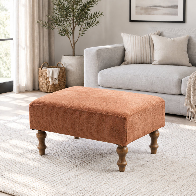 Pouf ottoman moderne en chenille rembourrée de 74 cm de large avec pieds en bois massif, Orange