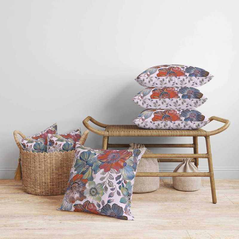 Coussin Painted Petalscape, Bleu / rouge / mauve, Carré 16 po