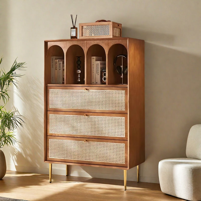 Commode d'appoint rétro en bois tissé en rotin