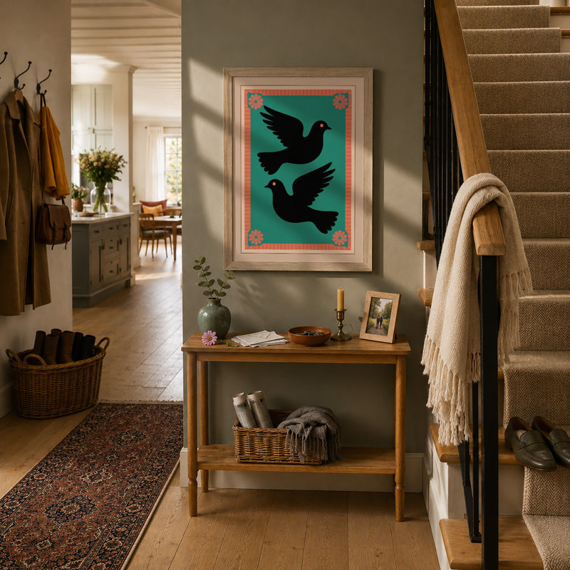 Doves in Flight Japandi - Framed Print, A1 - 84.1 x 59.4 cm, Oak