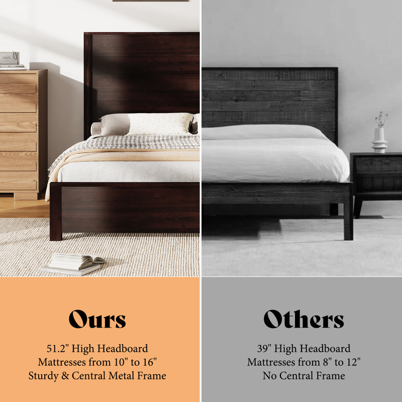Queen Dark Brown Pine Wood Platform Bed with Tall Headboard