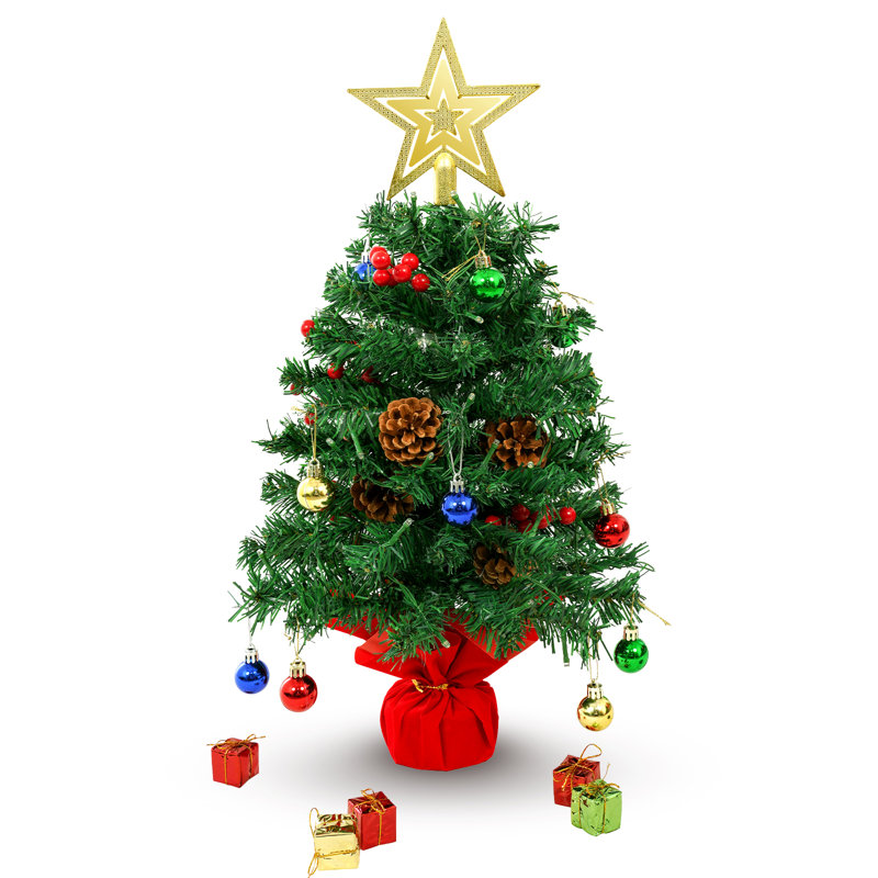 2ft Artificial Green Tabletop Christmas Tree with Pine Cone Red Fruit Gold Star Ball Decorations and LED String Lights