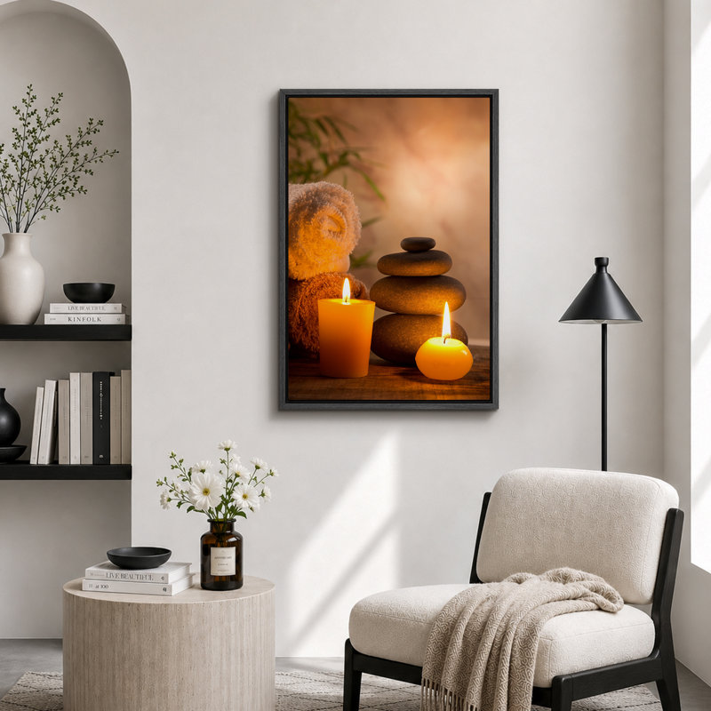 «Zen Stones Massage Spa with Warm Burning Candle», impression verticale sur toile, art mural, H 36 po x l 24 po