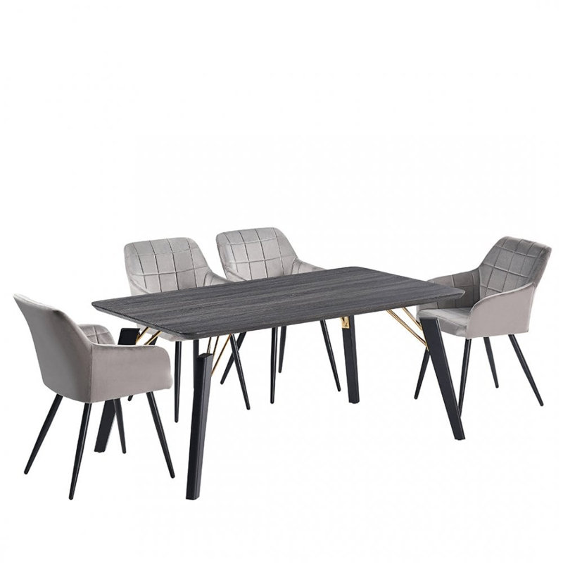 Yerres 4 Person Dining set - a Rectangular Wooden Dining Table with Metal Legs and a Set of 4 Quilted Velvet Dining Chairs for Dining Room - Modern Dining Table Set
