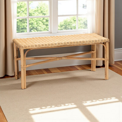 Banc moderne bohémien Ylaris en rotin brun naturel, H 17,51 po x l 38,45 po x P 14,73 po
