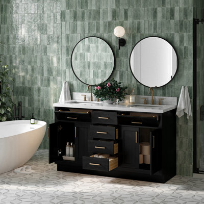 Meuble-lavabo double en bois massif Tidworth avec plateau en marbre de Carrare de 1,5 po
