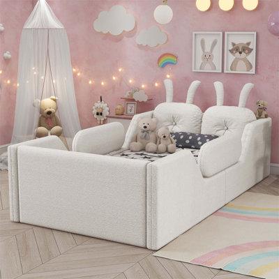 Twin Size Upholstered Platform Bed With Rabbit Cushion, Removable Side Rails For Kids, Soft Teddy Fabric, No Box Spring Needed