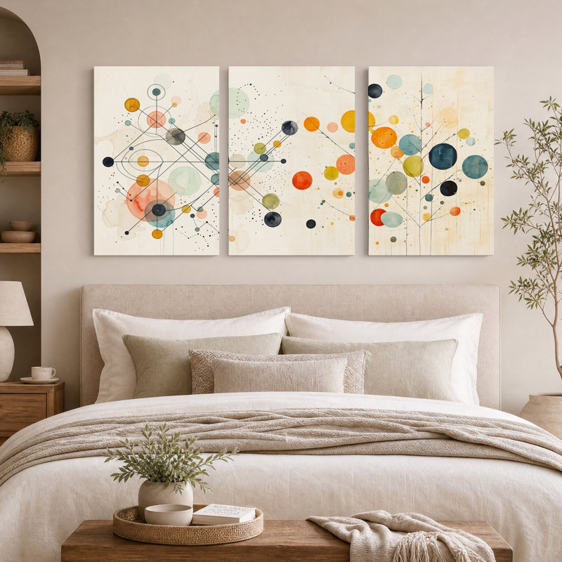 Ensemble de 3 toiles murales abstraites représentant des cercles et des lignes turquoise et orange, 18"H x 12"W x 3pcs