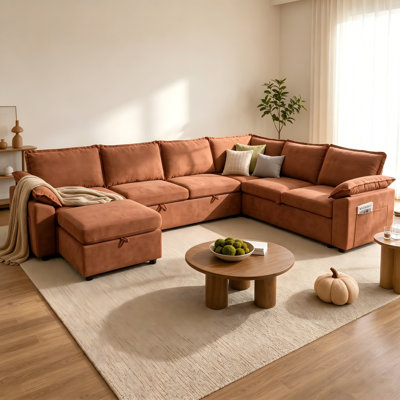 Canapé-lit d'angle avec lit gigogne, canapé d'angle modulaire en forme de L avec rangement, canapé infonuagique avec assise profonde, chenille, orange