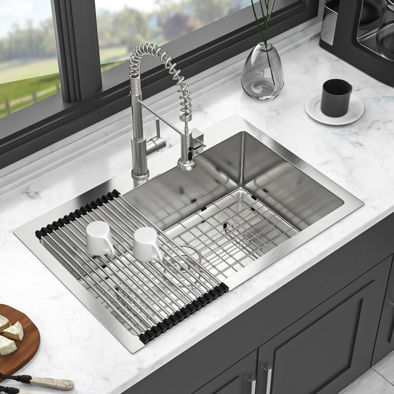 33X22 Inch Topmount Sink: 16 Gauge Stainless Steel With Soundproof Coating And Hygienic Design Single Bowl Kitchen Sink Inch: Efficient Drain Sound Absorption Pad