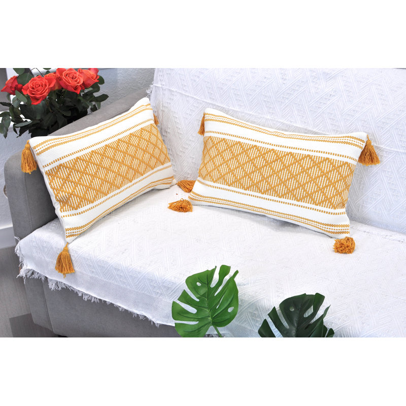 Mustard Yellow and Cream Cotton Boho Lumbar Pillowcases with Tassels