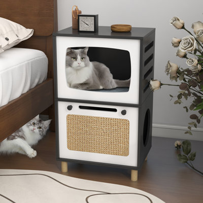 Cat Hideaway 2 Story Modern and Minimalist, Cat Houses for Indoor Cats with Cats Scratching Pad & Soft Cushion, Cats Beds for Indoor Cats Combine Aesthetics & Practicality, Black