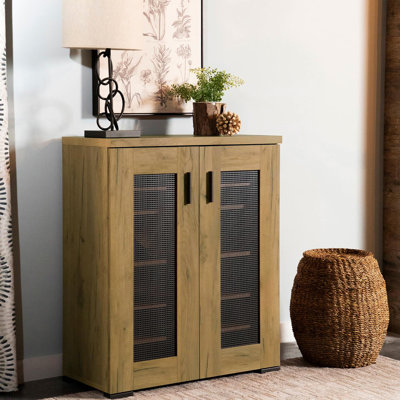 Golden Oak Accent Storage Cabinet With Metal Mesh - Efficient Shoe Organization In Any Area, 6 Compartments, 4 Adjustable Shelves, Rustic Design Door Details Stylish For All Locations, Appeal