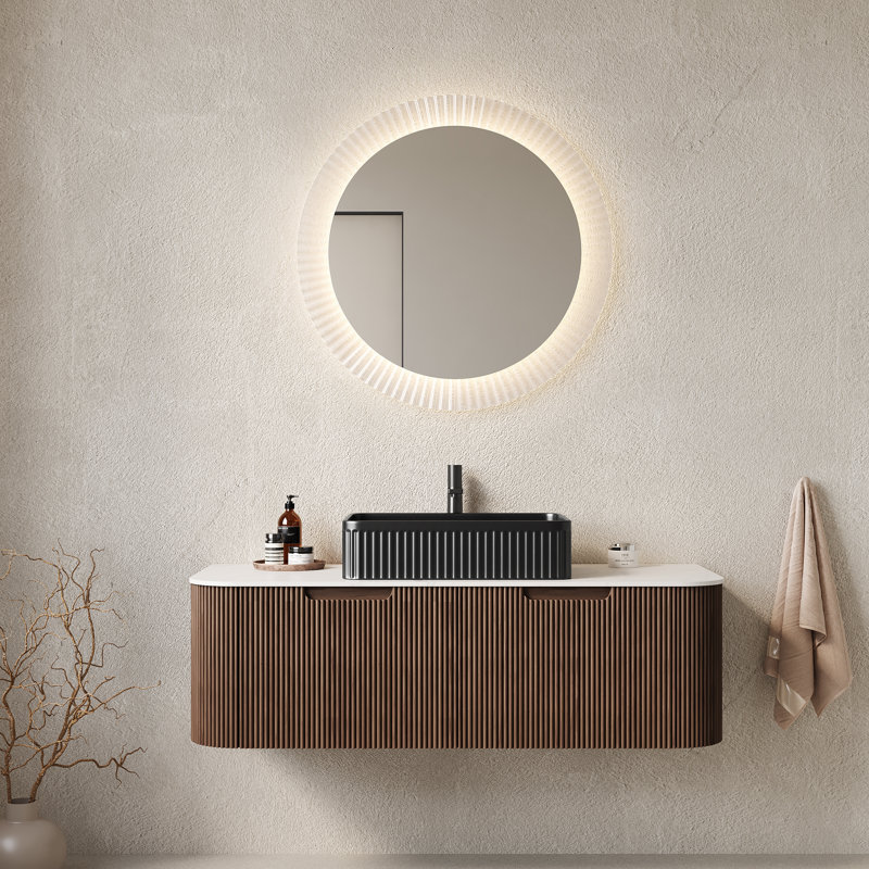 Meuble-lavabo de salle de bain 48 po avec lavabo, meuble-lavabo mural à bords arrondis avec 2 tiroirs, lavabo rectangulaire en céramique, sans robinet, pré-assemblé, couleur