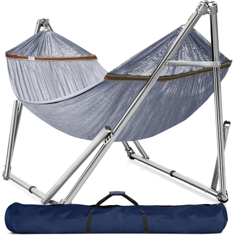  Hamac double avec support Capacité de 650 lb Hamac double avec barre d'écartement, acier inoxydable de qualité supérieure 201, installation des années 30, support de hamac flexible et portable, intérieur extérieur, gris